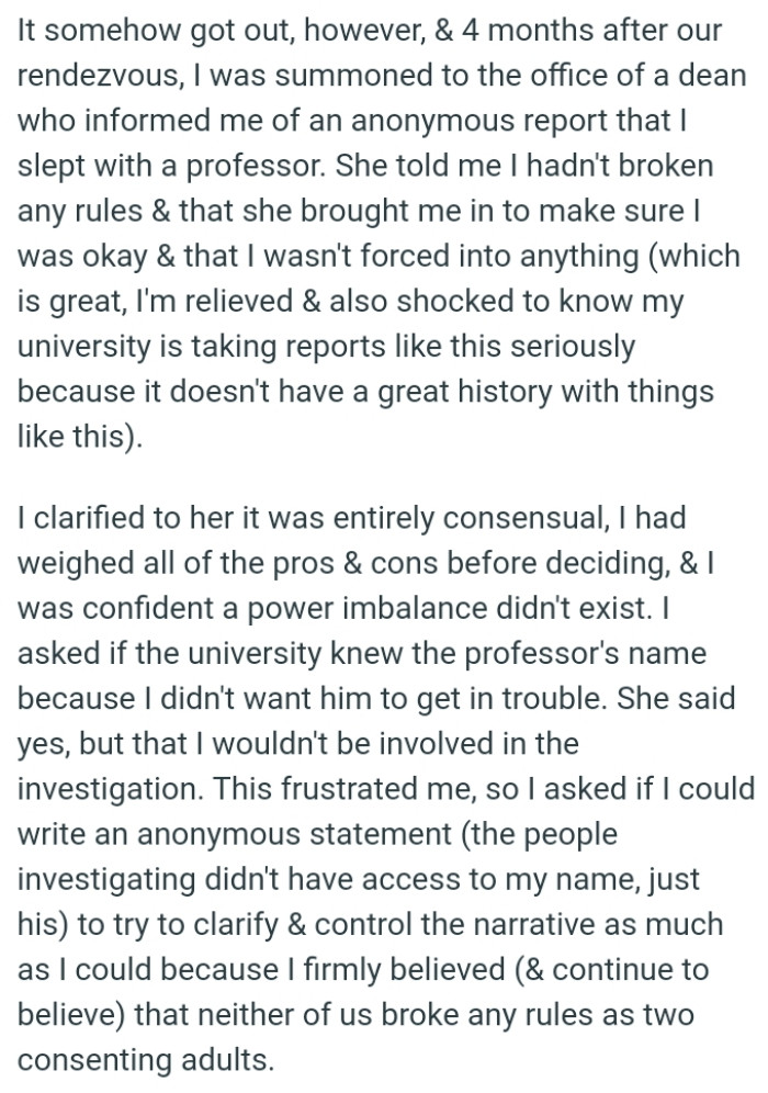 OP is relieved and also shocked to know her university is taking reports like this seriously