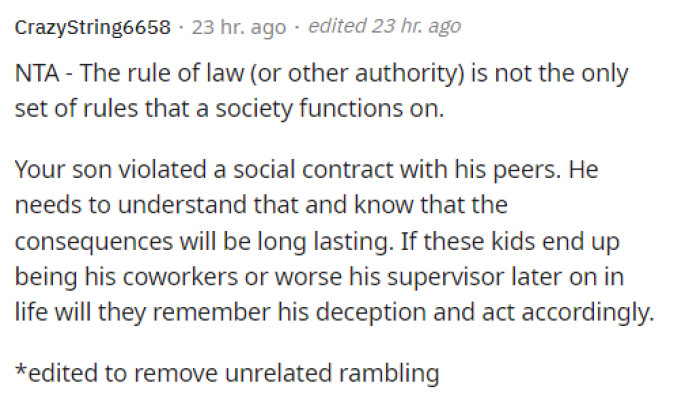 This is exactly right. Teaching their son the difference between situations and telling him when to be wary of authority figures is essential because authority figures can still make mistakes.