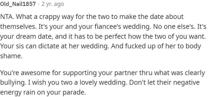 The wedding should be about the couple, not others' opinions.