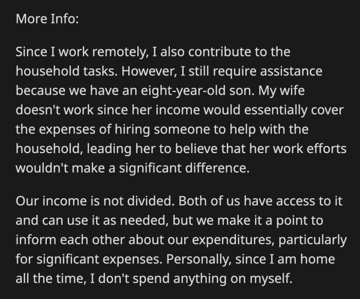 OP added a few more details. He and his wife can access their savings whenever they please, but they inform each other of their expenses.