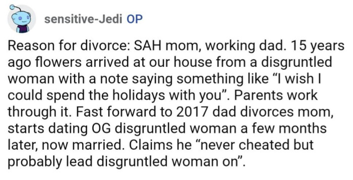OP eventually shares the reasons for their parents' divorce in the comments