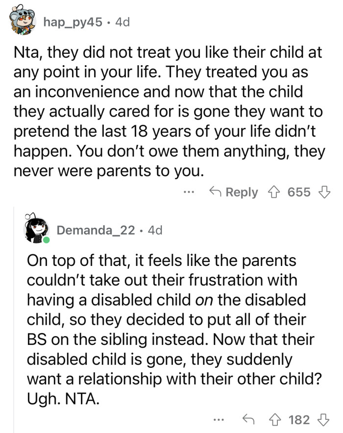 Op doesn't owe her 'parents' anything and should ignore them.
