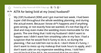 Woman Ponders If She's Wrong For Getting Angry At Her Husband For "Ruining Their Wedding" By Smashing Their Cake On Her Face