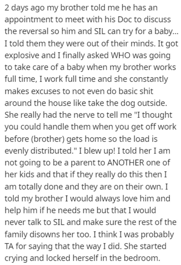 OP's brother shared that he made an appointment with his doctor to reverse his vasectomy