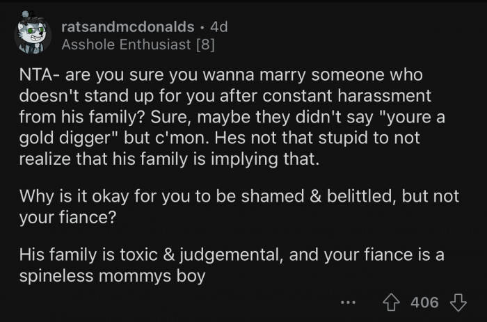 OP's fiancé is a spineless mommy's boy.