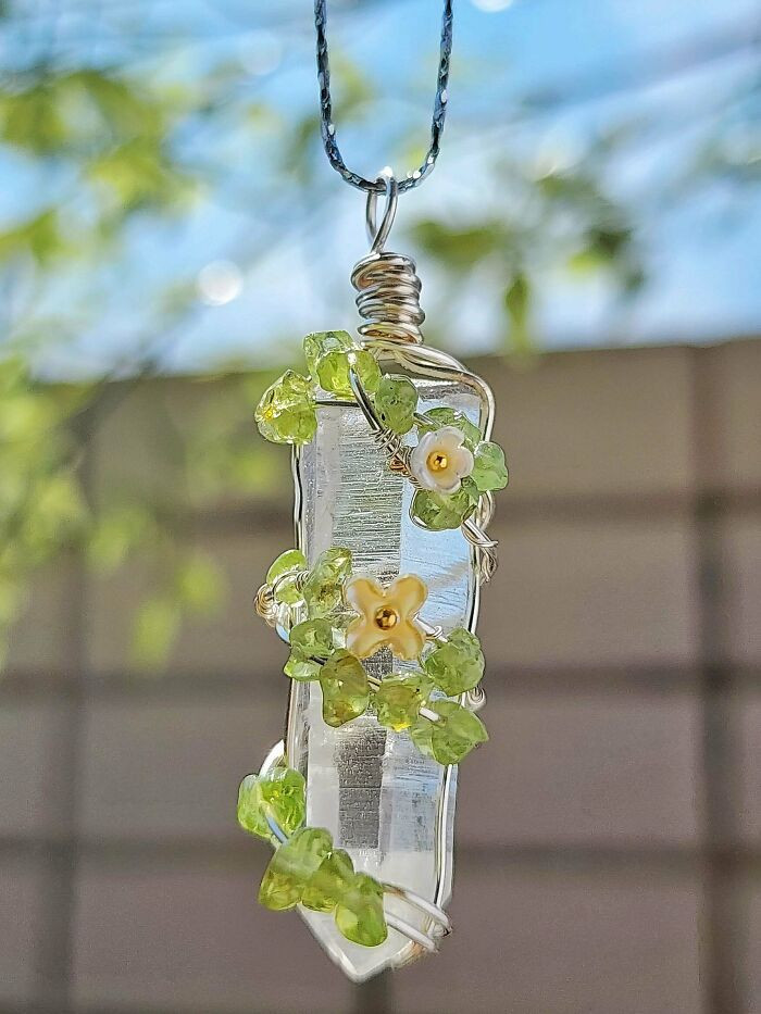 "Inspired By The Wild Vines In My Garden, I Made This Pendant With Peridot And A Clear Quartz Point"