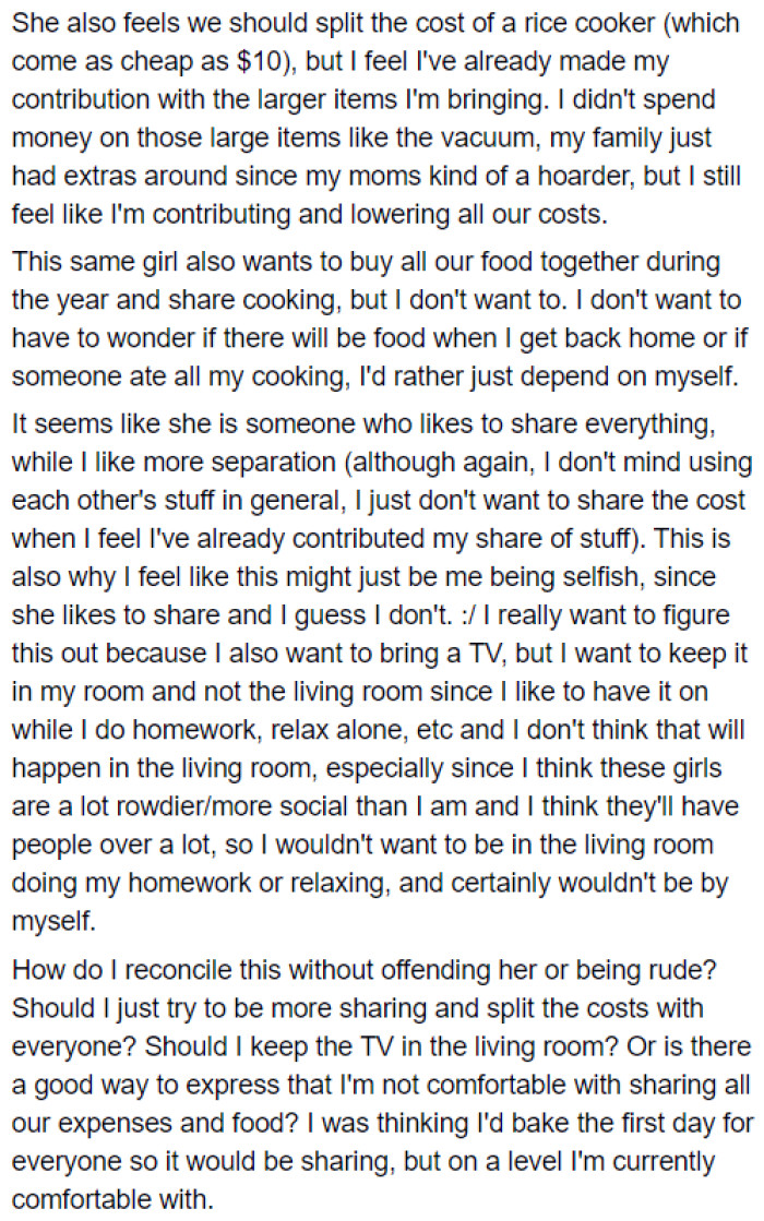 They also wish to divide the grocery expenses.