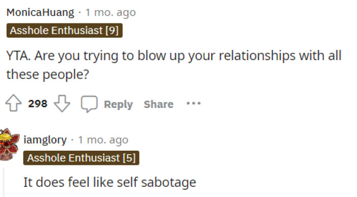 It absolutely feels and sounds like self sabotage or maybe she just has no filter at all and says quite literally everything she's thinking.