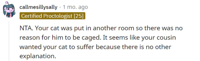 It's understandable that you feel your cousin's demand for your cat to be caged was unnecessary, especially since you had already taken the precaution of placing your cat in another room. While it may be challenging to understand your cousin's perspective, it's important to approach the situation with empathy and open communication to find a resolution that respects the well-being of both your cat and your relationship with your cousin.