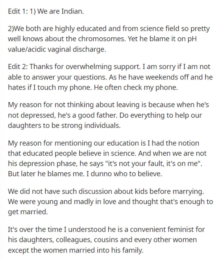 She added some edits after the initial post so that people could understand her reasoning for her actions and why they hadn't separated, etc.