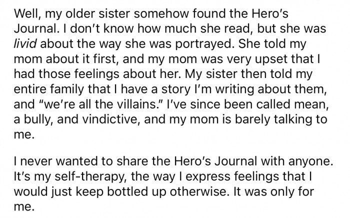 OP's older sister managed to find the journal and became upset by how she was portrayed.