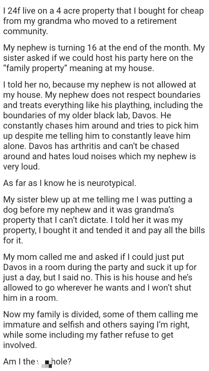 Some of the OP's family members are calling her immature and selfish while others say she's right