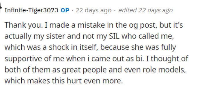 OP then replies to this comment and lets us know a bit more about her and the stance that they have with homosexual people in general.