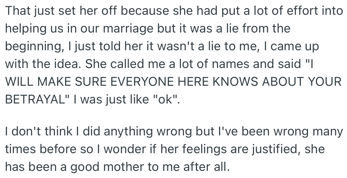 OP’s mom felt betrayed and threatened to expose the secret to others.