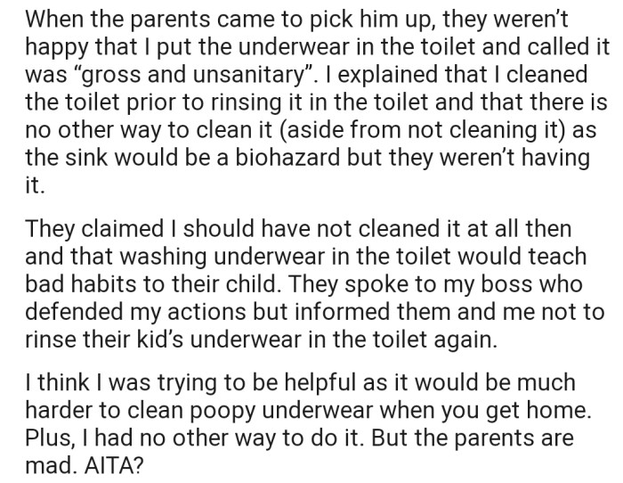 The boy's parents weren't happy about the method OP used in washing their child's underwear