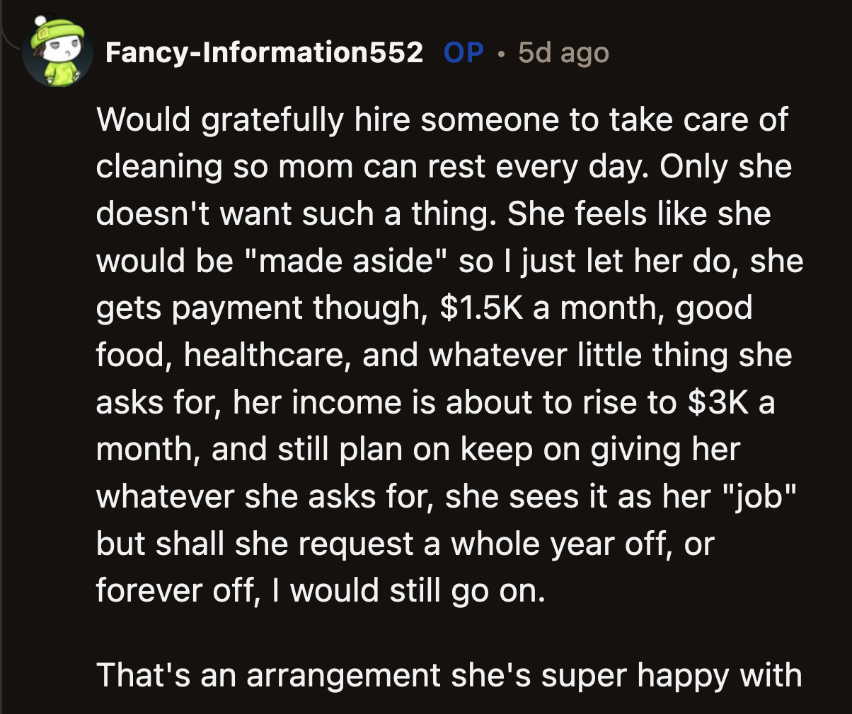 OP said she and her fiancé discussed hiring weekly cleaners, but her mom objected to the suggestion.