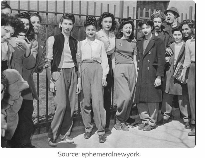 "Girls Show Up In Slacks At Abraham Lincoln High School, In Brooklyn,in Protest Because A Classmate, Beverly Bernstein, Was Suspended The Day Before For Wearing Slacks,1942"