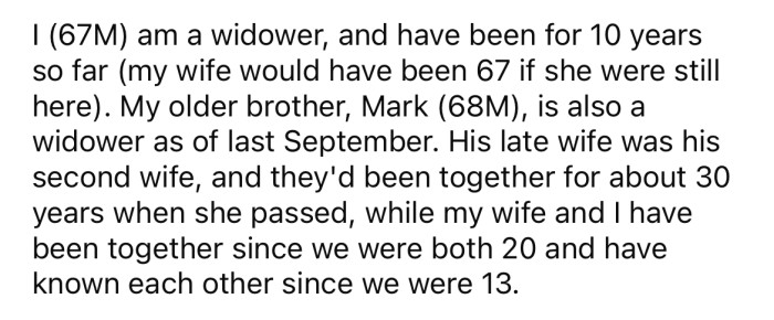 The OP explained that he is a widower and has been for around ten years. His older brother Mark is also a widower after losing his wife this past year.