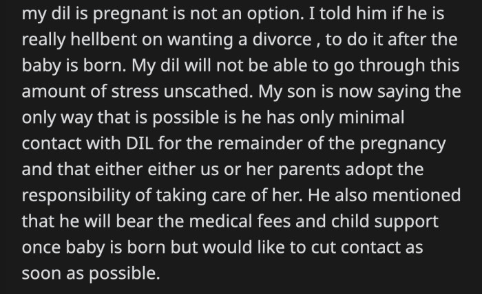 Her son said he can only tolerate his wife's pregnancy if he is not around her too often. (WHAT!)