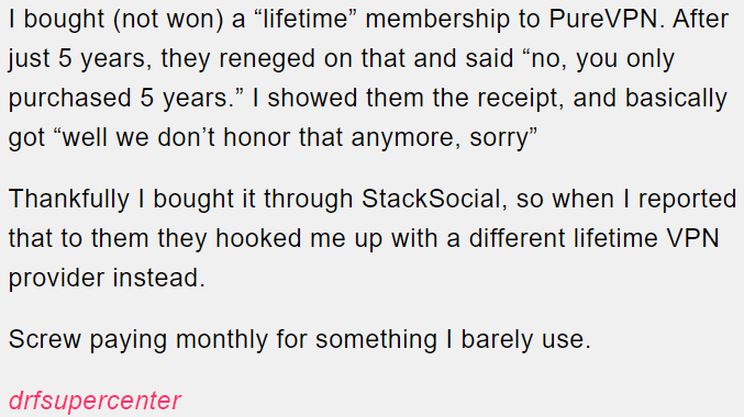 15. “Lifetime” membership.