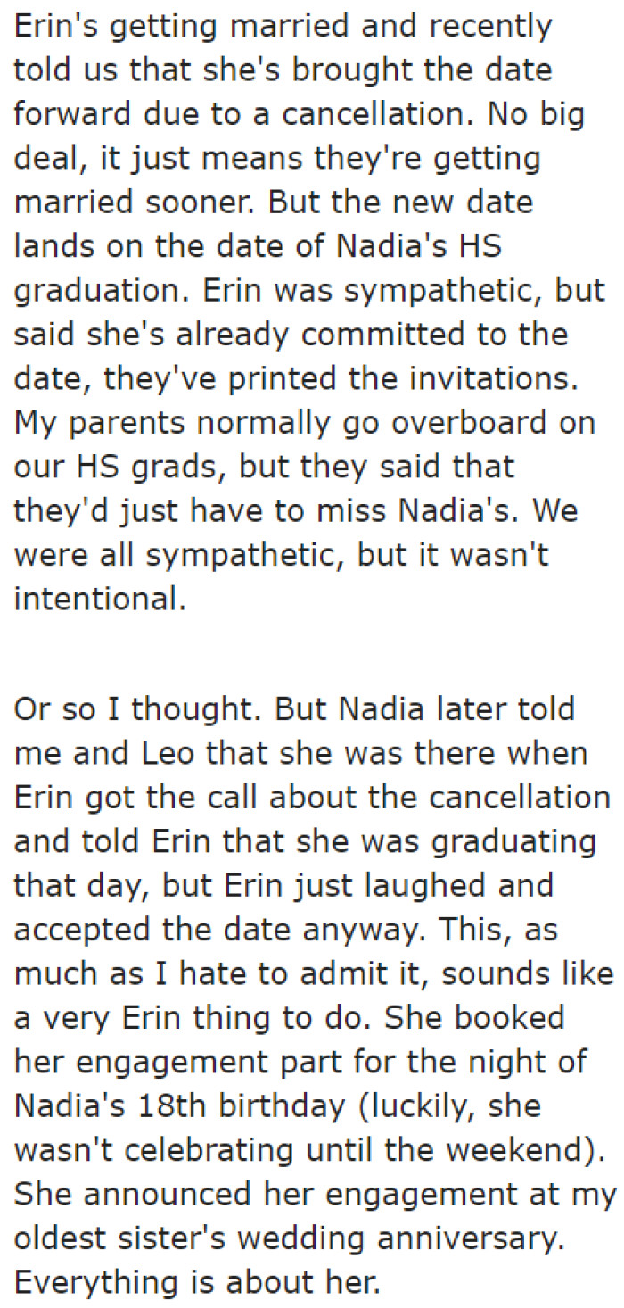 The bride-to-be sister intentionally scheduled her wedding on her younger sister's graduation day.