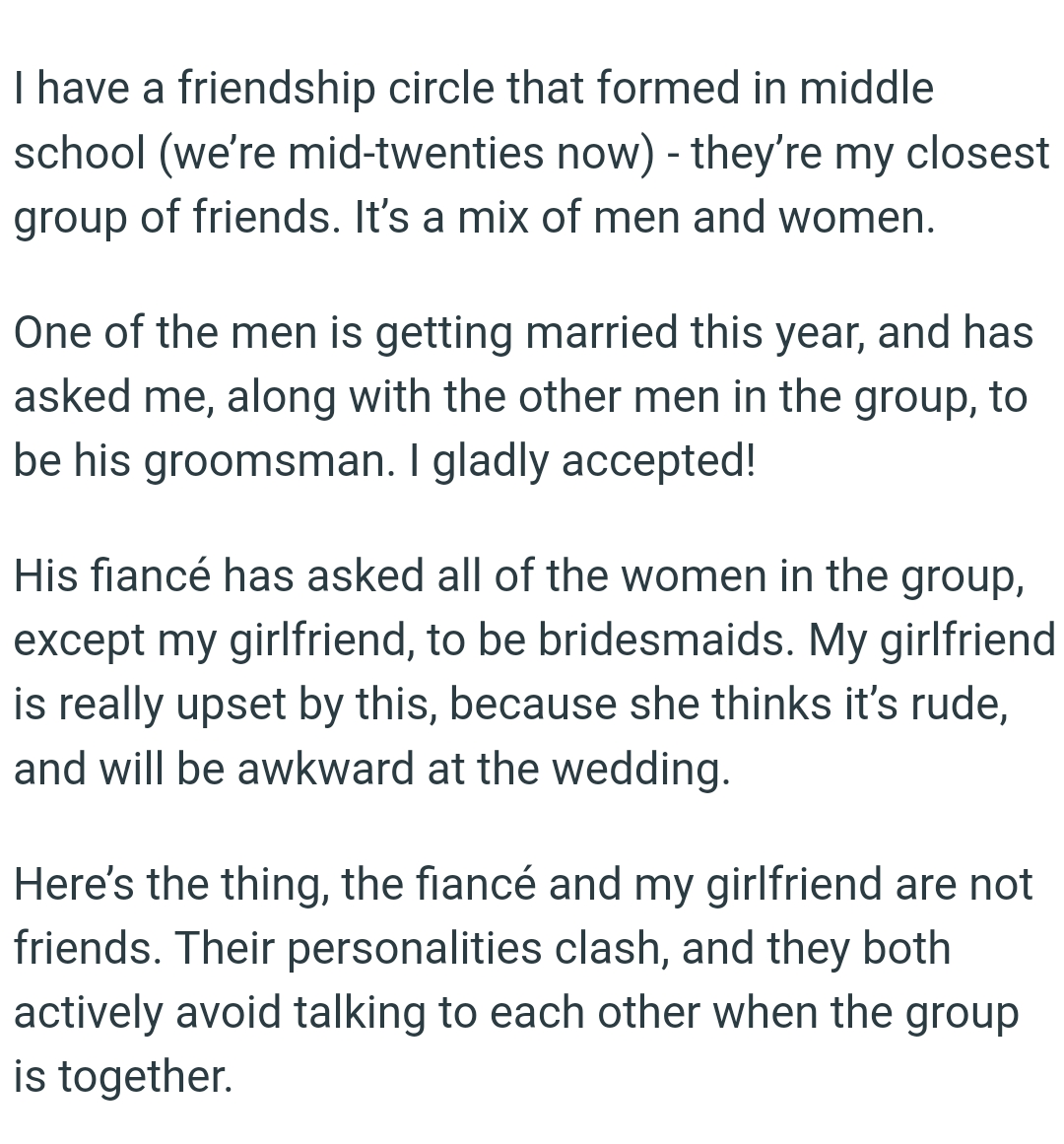 The fiancée has asked all of the women in the group, except for the OP's girlfriend, to be bridesmaids