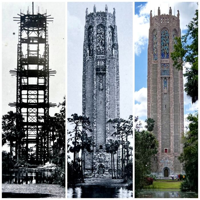 25. Bok Tower When It Was Being Built, a Past Photo, and What It Looks Like Today.