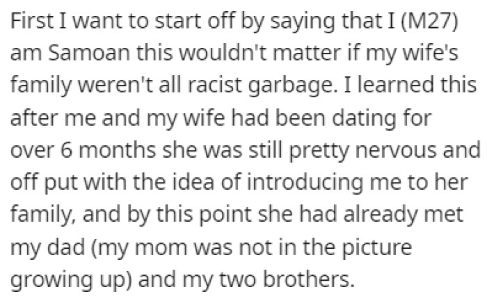OP is Samoan, but his wife's family is racist