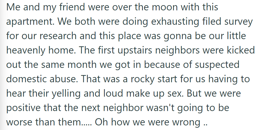 OP was excited about their new apartment, hoping for peace. However, their neighbors' issues at that time disrupted them, and the next one who moved in was even worse.