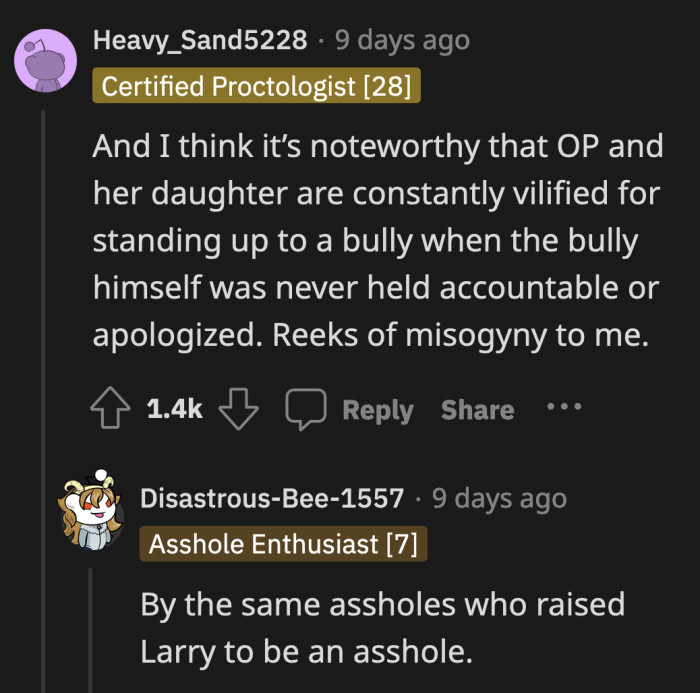 People who said nothing while Larry bullied anyone who stood up to him don't get an opinion on OP's and her daughter's life choices.