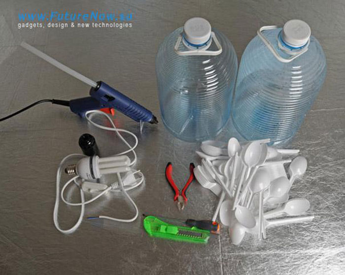 Get a water bottle, plastic spoons, hot glue, and some other essentials