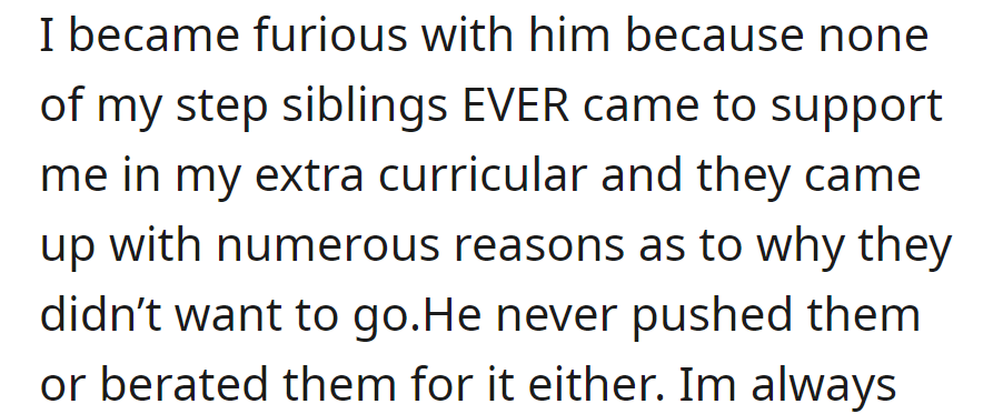 Angry that her step-siblings never supported her extracurricular activities; her father didn't push or criticize them.