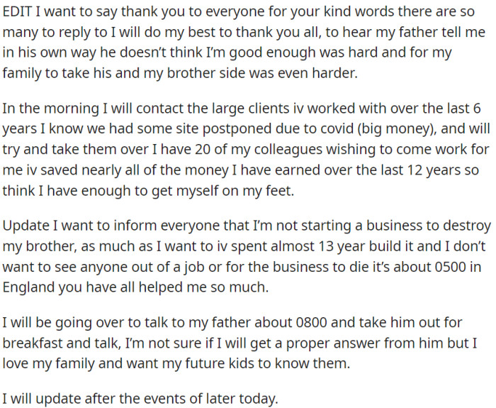 Despite the uncertain result, OP is determined to engage in a conversation with his father because his affection for his family remains strong and he desires his future offspring to be acquainted with them.