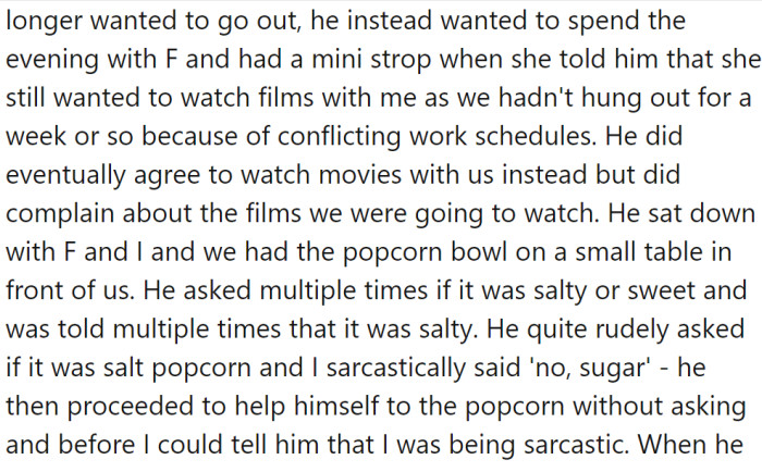 Unexpectedly, F's boyfriend showed up due to a change in his plans.