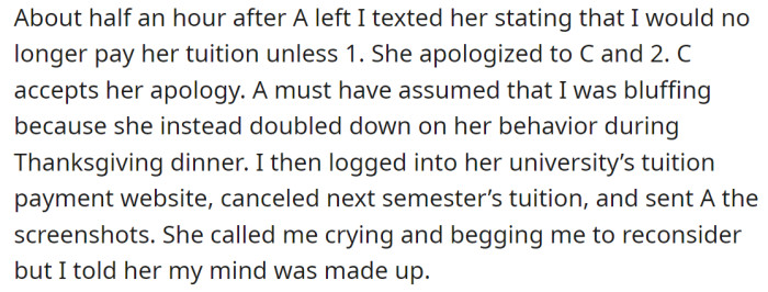 Now OP has decided to stop paying his daughter's tuition as punishment for hurting his girlfriend