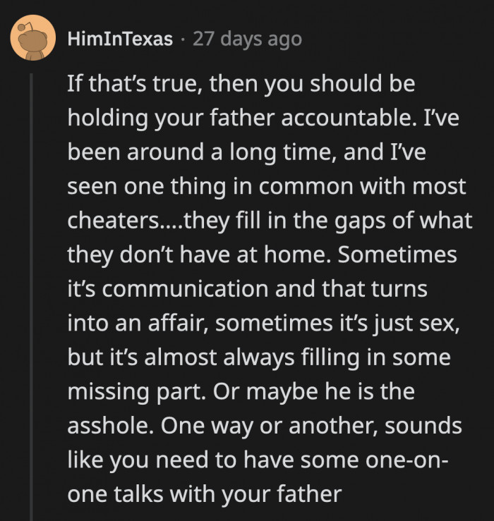 I am becoming more convinced that this commenter is either Sasha or OP's dad because what!?