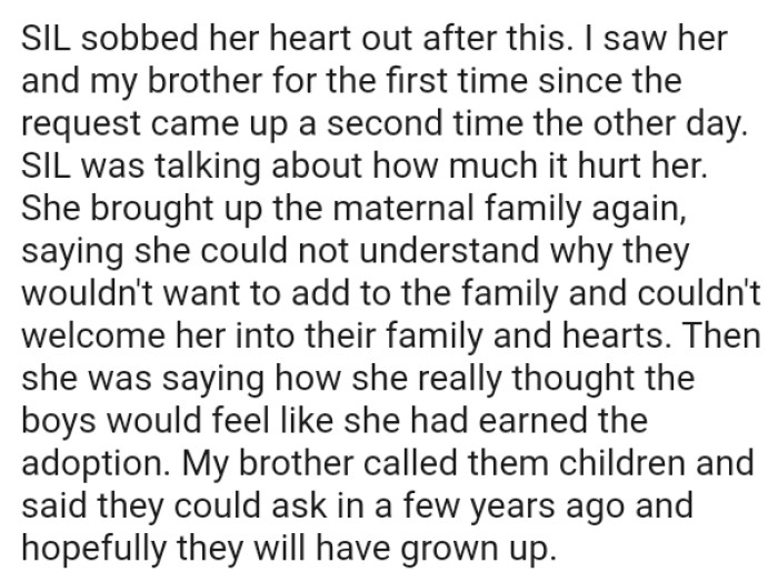 The sister-in-law could not understand why they wouldn't want to add to the family