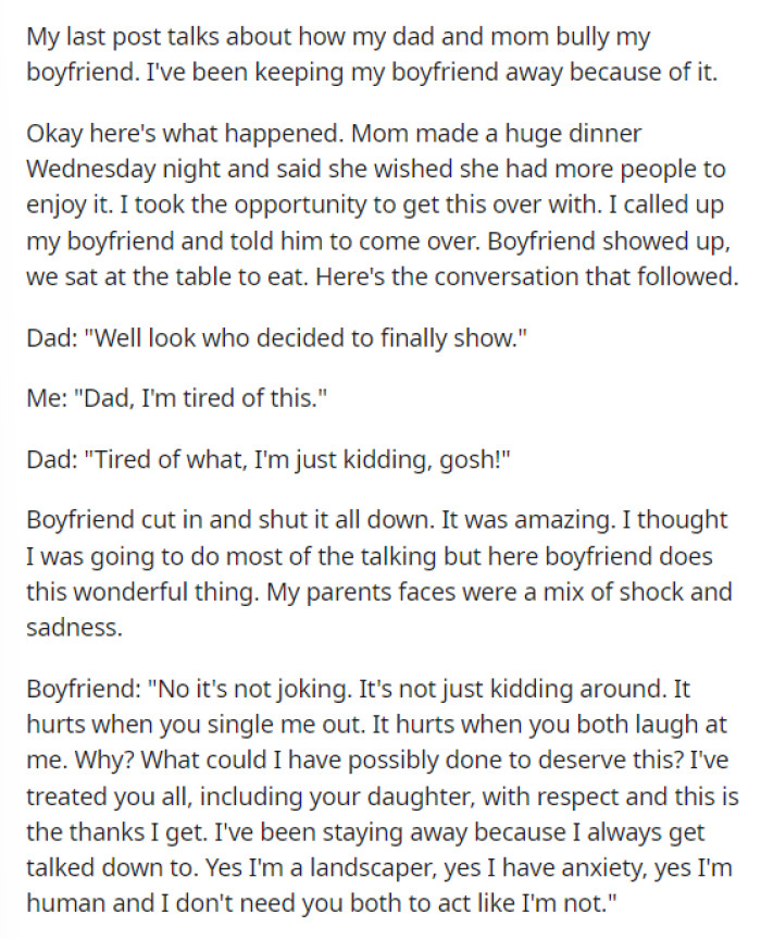 OP provides us with information in her post about how the conversation went whenever her boyfriend showed up. She also stated that her last post explains a bit about what's going on.