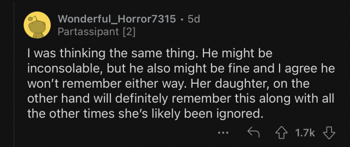 Op's daughter will remember every moment when she was let down.