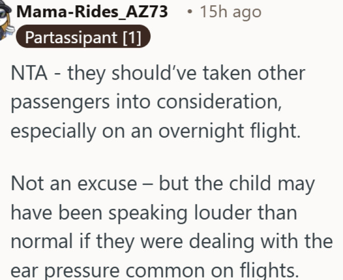 Parents on overnight flights should think about other passengers, too