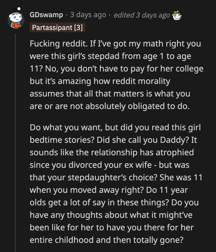 On the other hand, OP was his stepdaughter's father during her formative years.