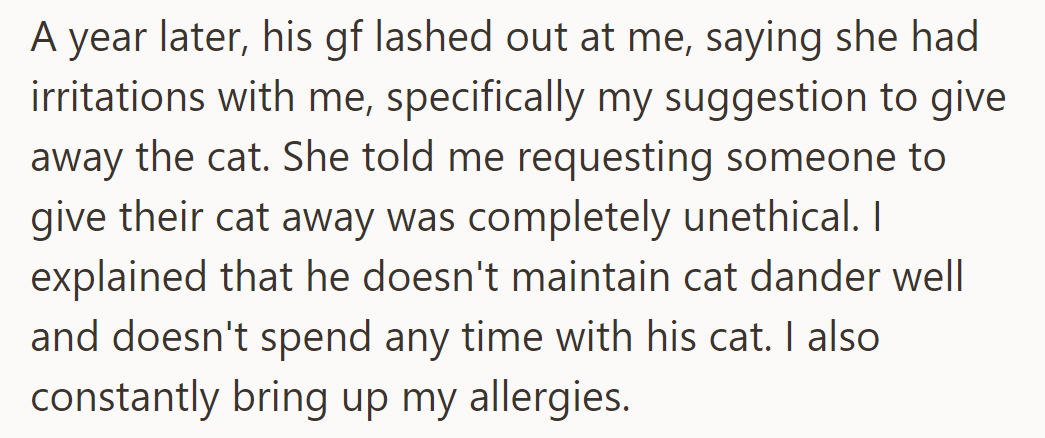 The housemate's girlfriend criticized OP for suggesting rehoming the neglected cat due to ethical reasons.