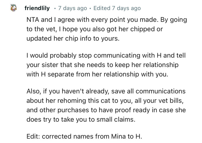 “By going to the vet, I hope you also got her chipped or updated her chip info to yours.”