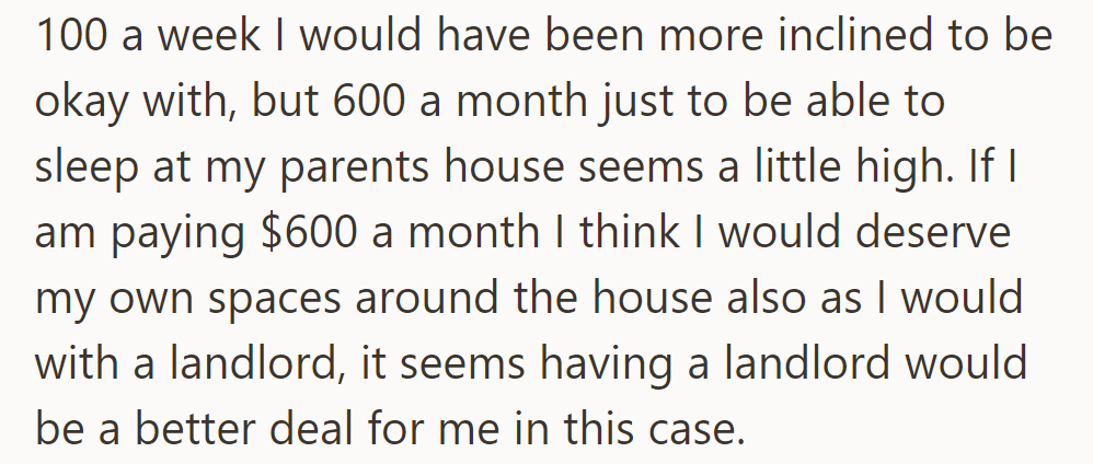 They felt $600 a month was too high to stay at their parents' house and believed having a landlord would be a better deal.
