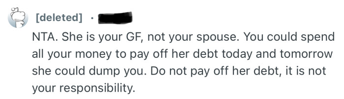 “Do not pay off her debt, it is not your responsibility.”