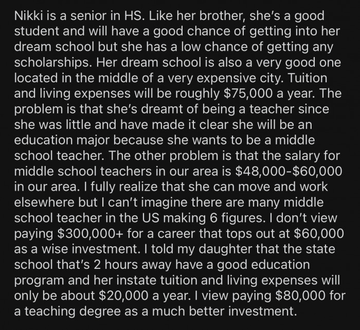 OP suggested a cheaper alternative to his daughter as he felt it was a better investment.