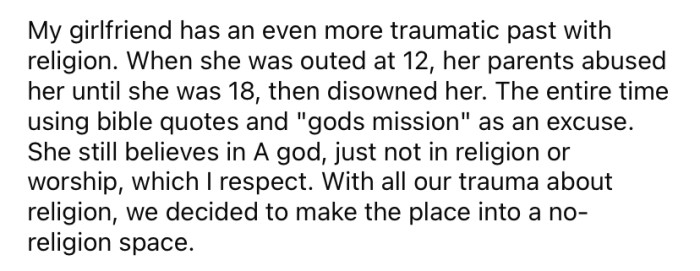 The OP's girlfriend also has a very traumatic past with religion.
