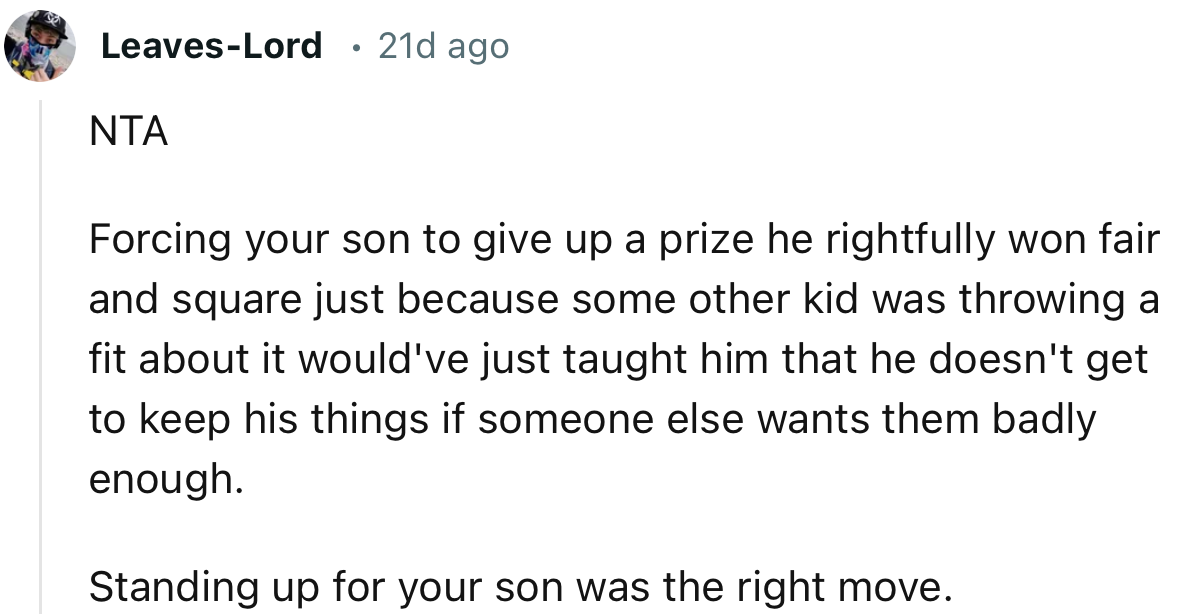 “NTA. Standing up for your son was the right move.”