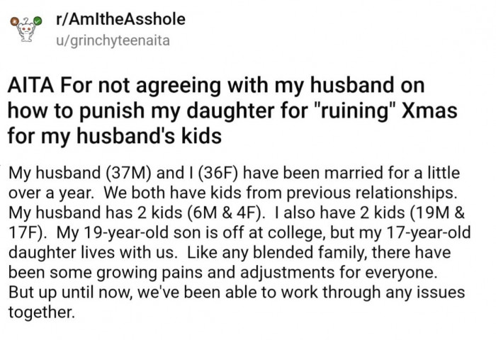 OP shares that she's been married to her new husband for a little over a year, and they both have kids from previous relationships