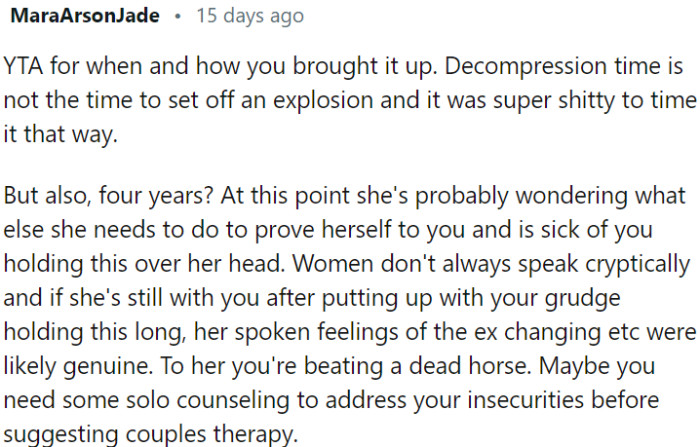 OP should consider seeking individual counseling to address his insecurities before suggesting couples therapy.